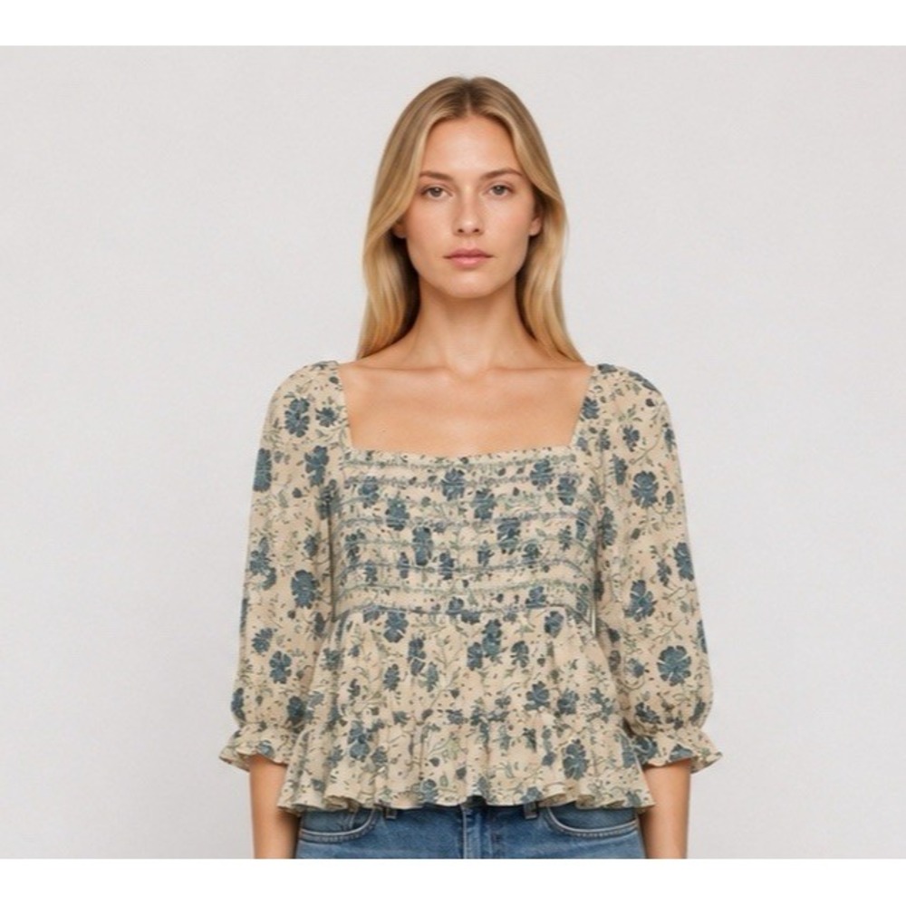 American Eagle Floral Smocked Peplum Blouse Milkmaid Cottagecore Boho SZ Large